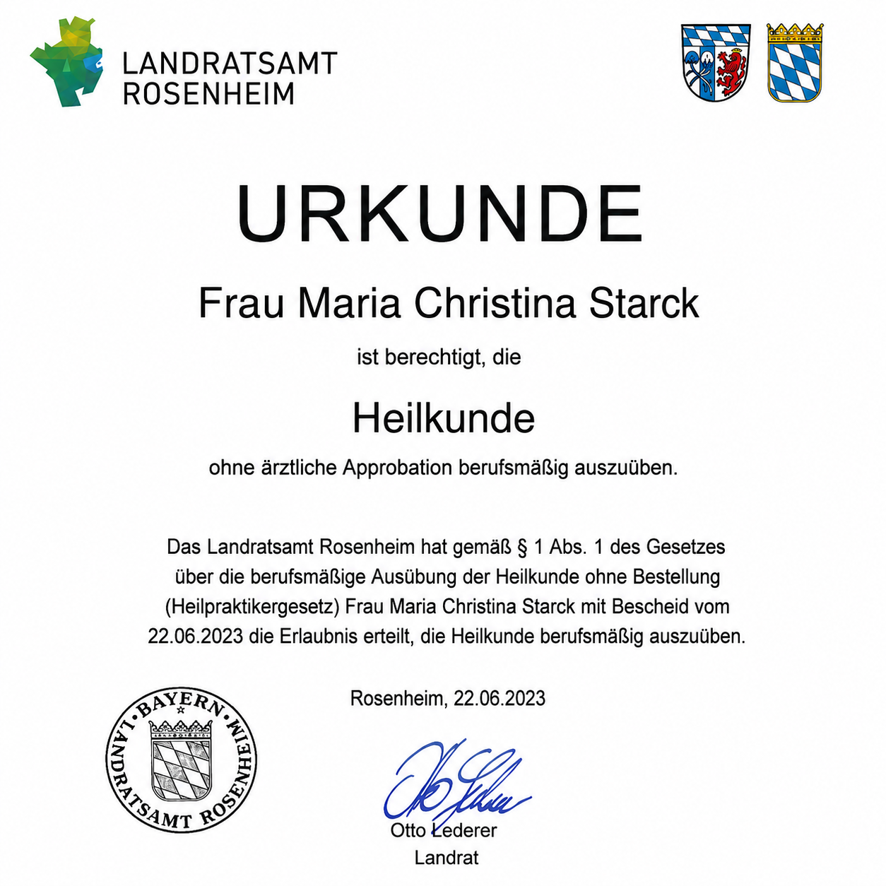 Urkunde Heilpraktiker-Erlaubnis nach § 1 HeilprG – Maria Christina Starck, Landratsamt Rosenheim 2023