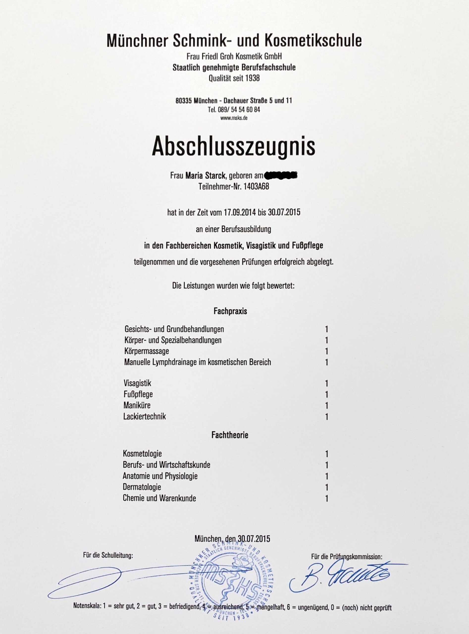 Zertifikat Abschlusszeugnis – Maria Starck