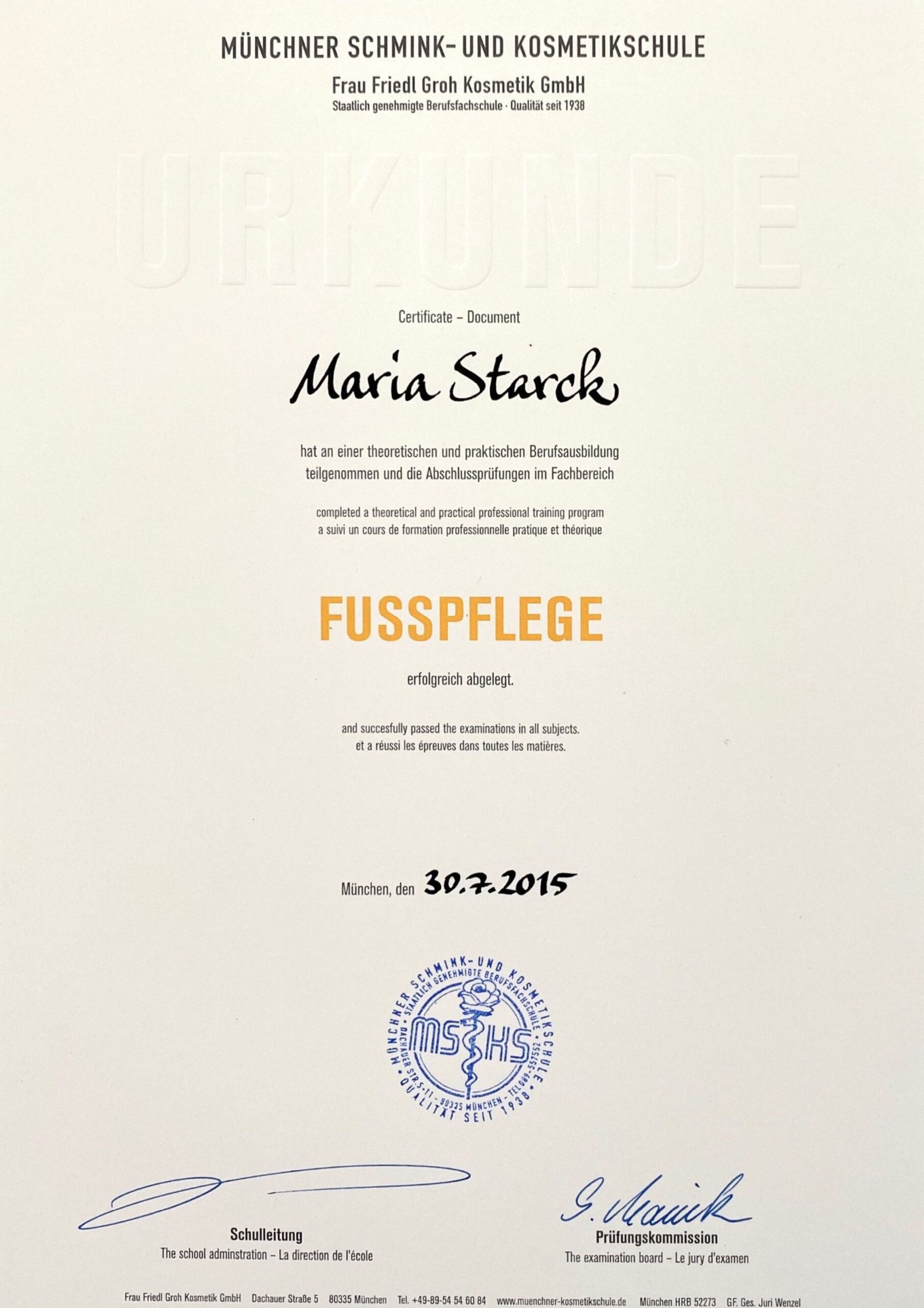Zertifikat Fußpflege – Maria Starck
