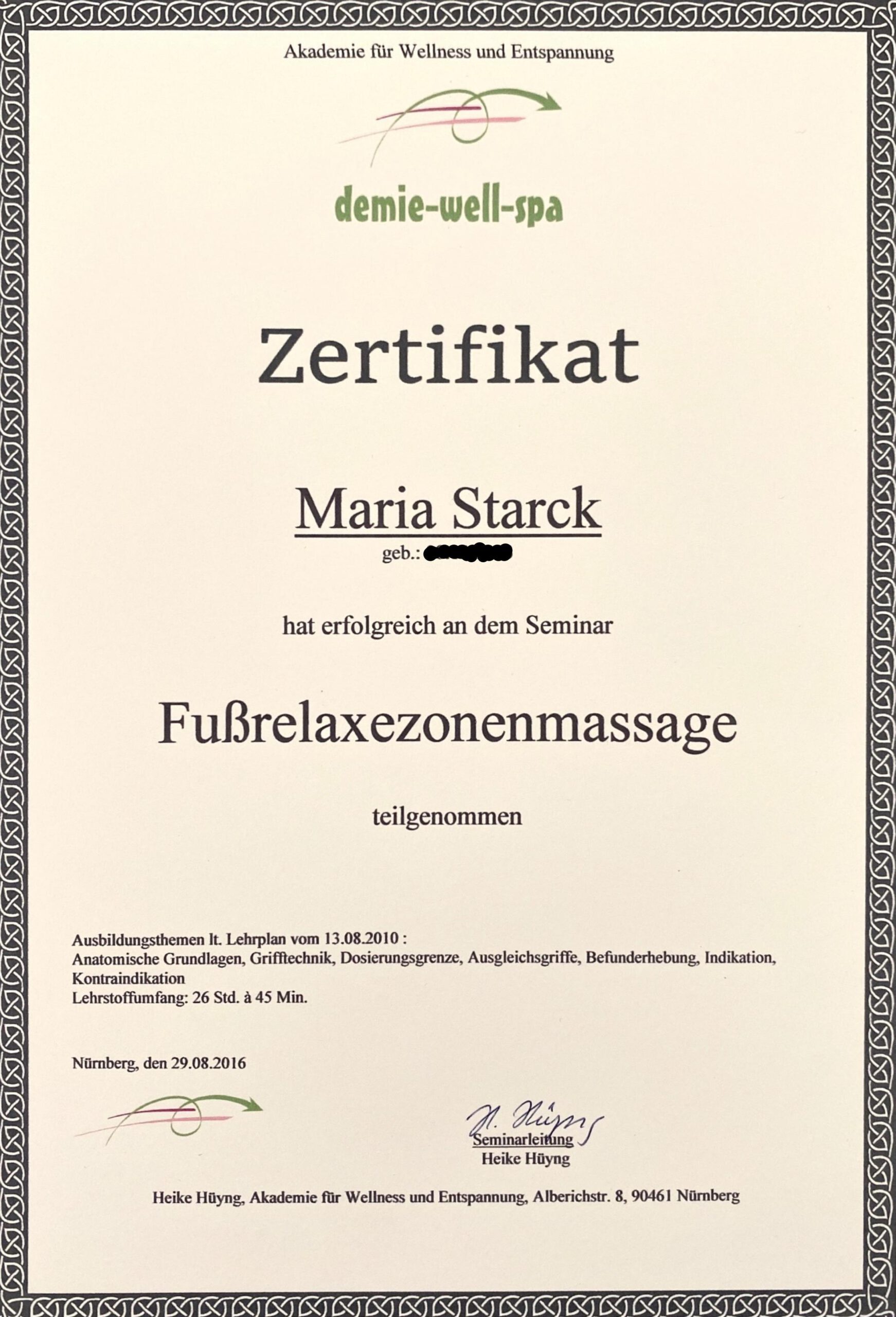 Zertifikat Fußreflexzonenmassage – Maria Starck