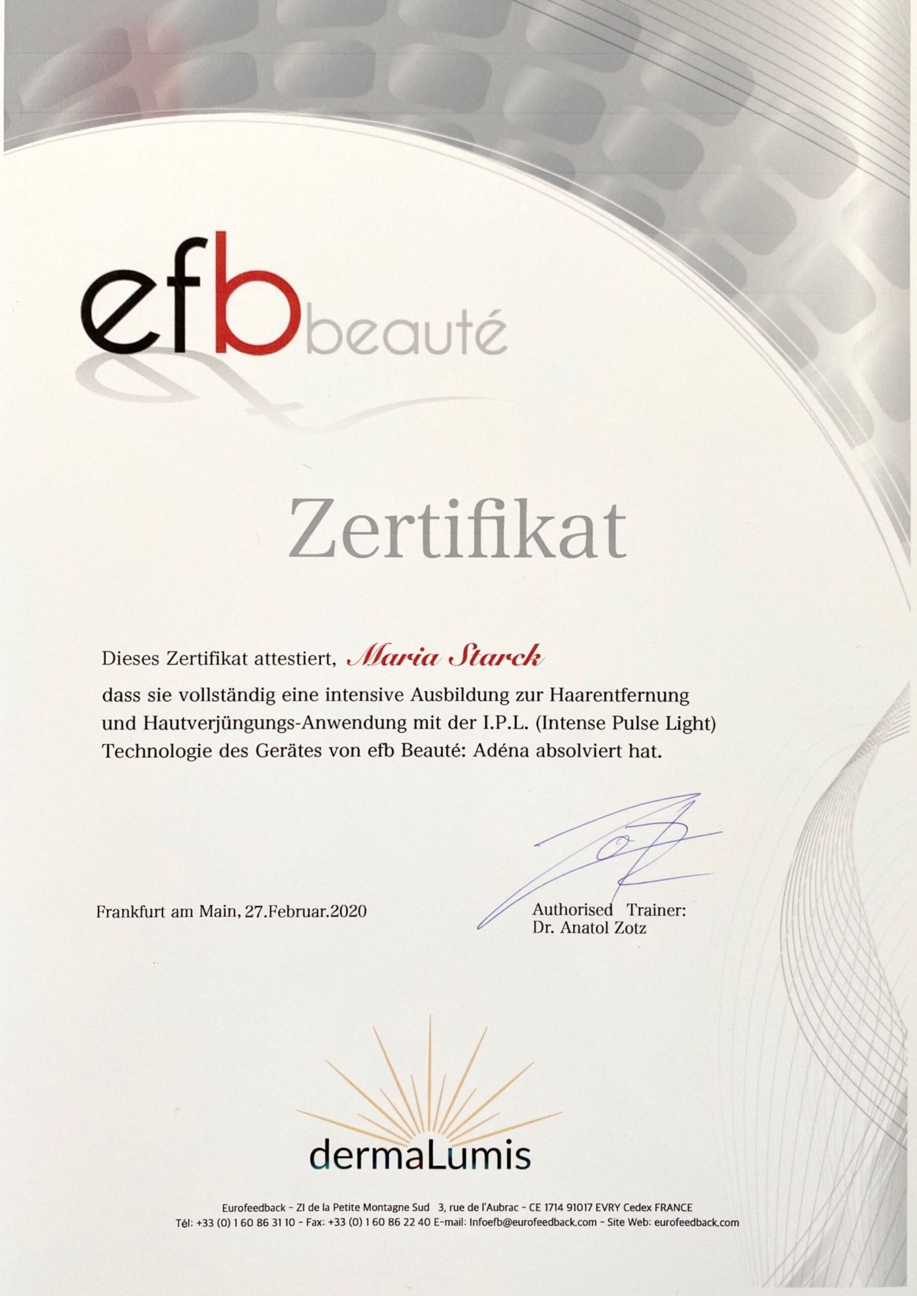Zertifikat IPL – Haarentfernung & Hautverjüngung – Maria Starck