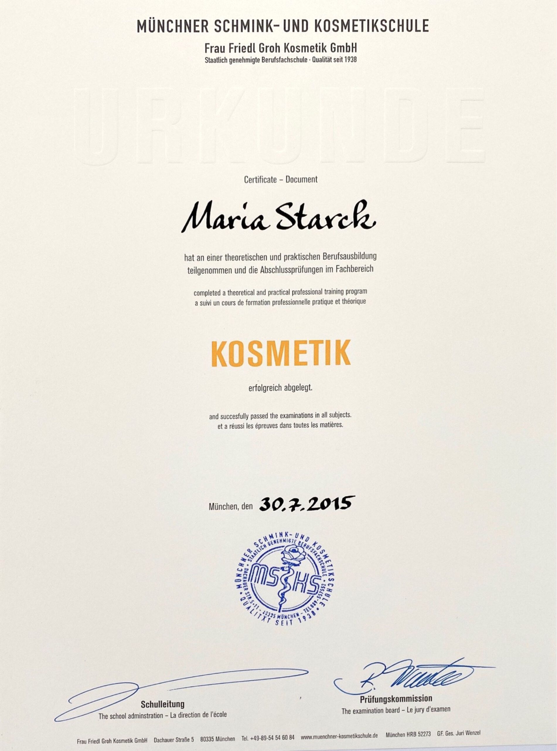 Zertifikat Kosmetik – Maria Starck