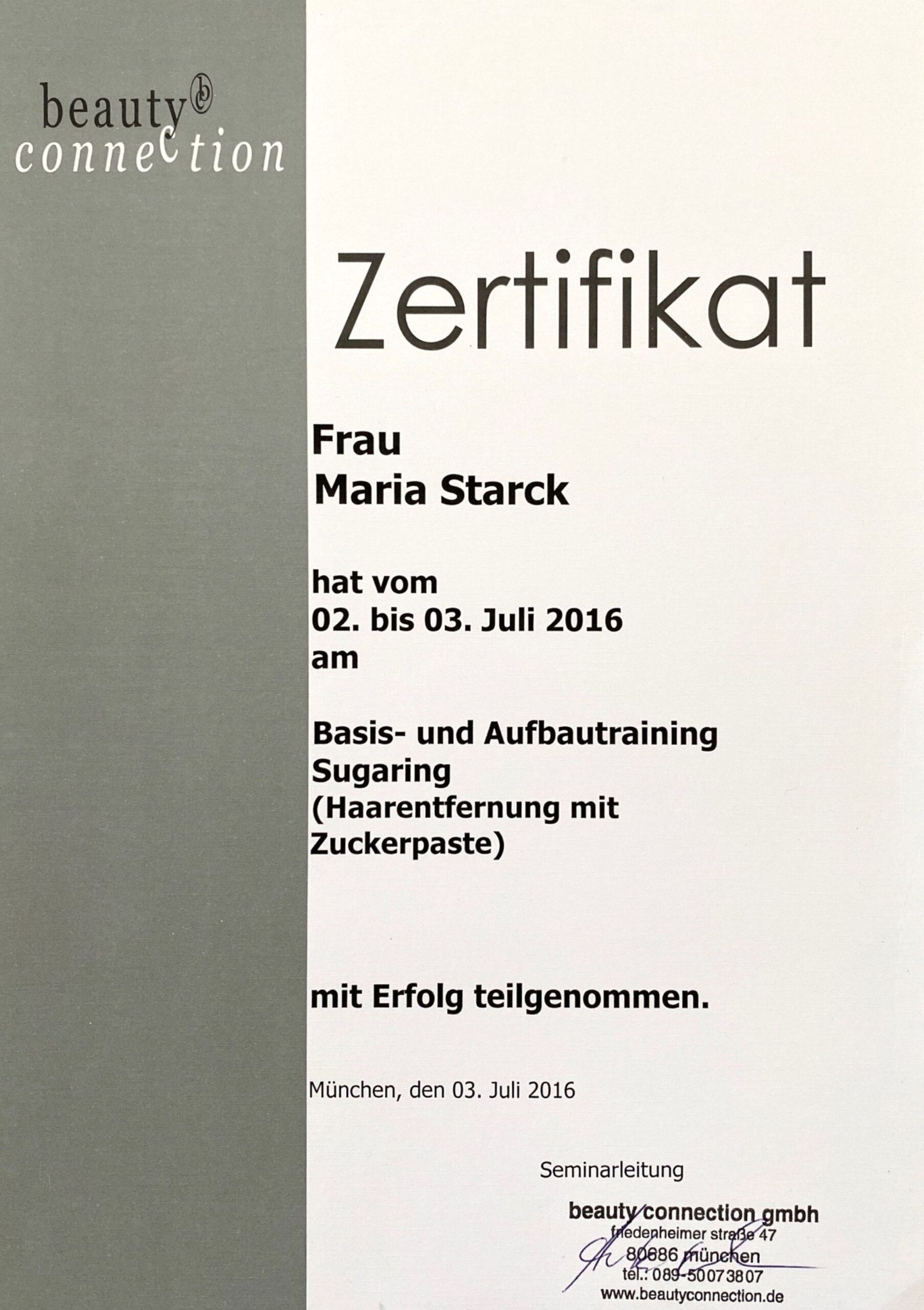 Zertifikat Sugaring – Maria Starck