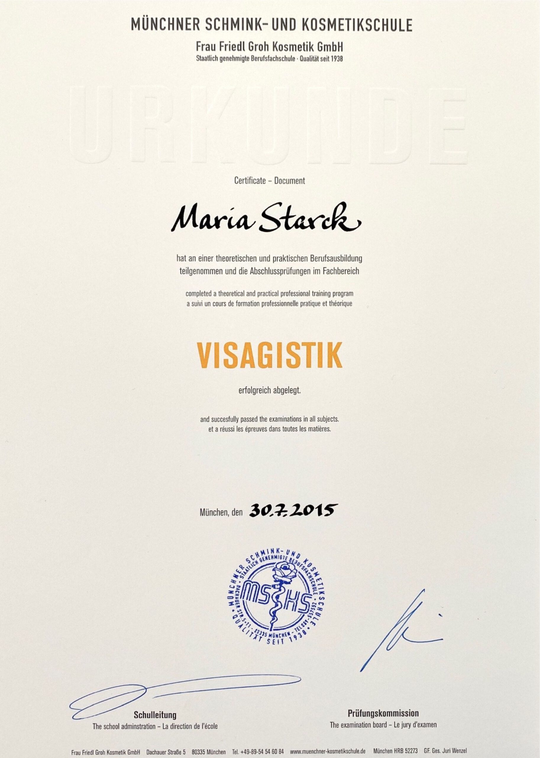 Zertifikat Visagistik – Maria Starck